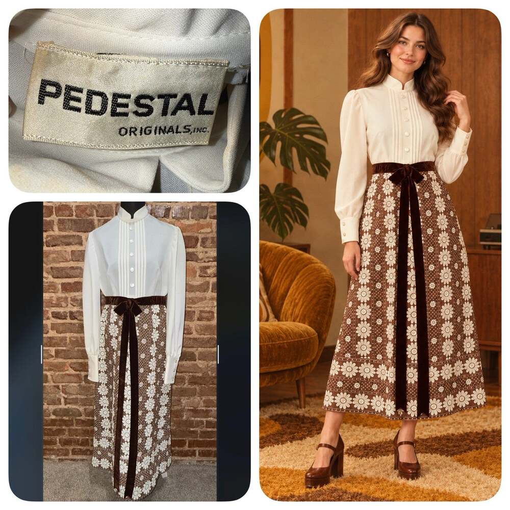 Brady Bunch Vibe 70s Quilted Maxi Dress Brown Daisy Velvet Sash Sz 13 Prairie